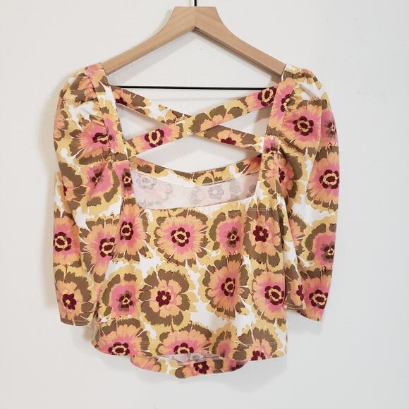 Free People Women's SIZE XL Floral Crop Top Puff 3/4 Sleeves OB1472617 Pink - Picture 11 of 11